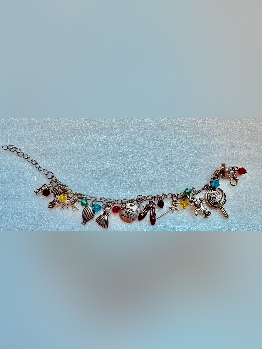 Wizard of Oz themed Silver Multi-Charm Pendant Bracelet with Colorful Beads